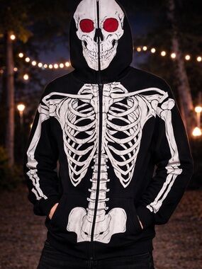 Skeleton Skull Zip Up Hoodie Black Graphic Y2K Grunge Streetwear Edgy Men Large